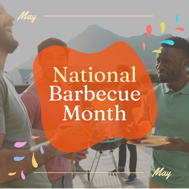 This image captures a diverse group of male friends celebrating National Barbecue Month outdoors in May. The scene, set against a mountain backdrop, indicates a lively and cheerful atmosphere. Ideal for promoting summer events, social gatherings, outdoor activities, cultural celebrations, and festive occasions. Use it for advertising barbecue events, community togetherness, or summer campaign imagery.