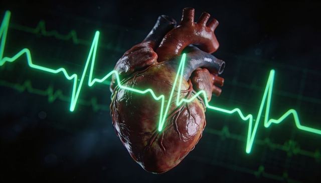 Pulsating anatomical heart with neon ecg waveform and glossy vascular detail