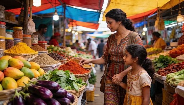 Mother and daughter selecting red spice at vibrant market with fresh mangoes and baskets