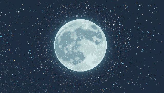 Glowing pixel-art full moon with cyan halo and star field for retro space designs
