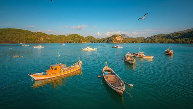 Colorful Wooden Fishing Boats Floating on Turquoise Bay with Seagull and Lush Green Hills