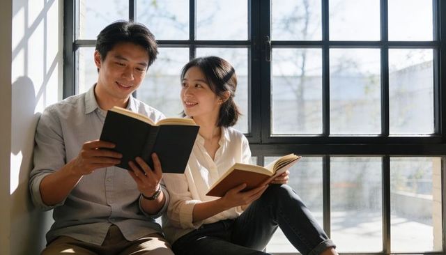 Couple reading together on sunlit window bench, cozy intimate home reading moment