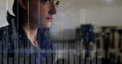 Female financial analyst reviewing candlestick charts with data visualization overlays