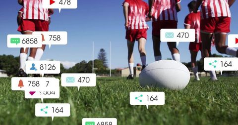 Rugby Players Training with Social Media Icons Overlay