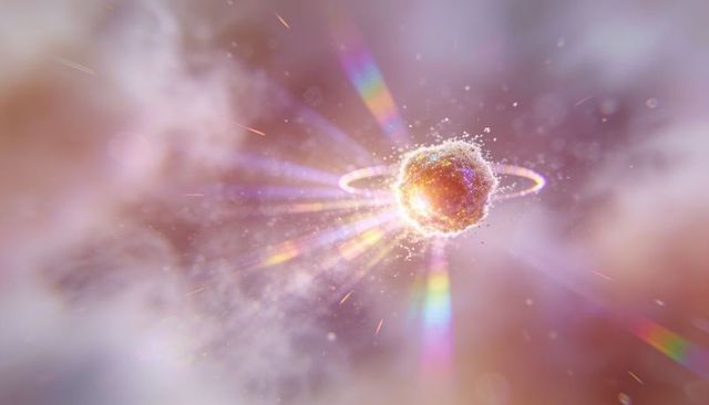 Glowing crystal orb floating in pastel nebula with luminous halo and radiant particle burst