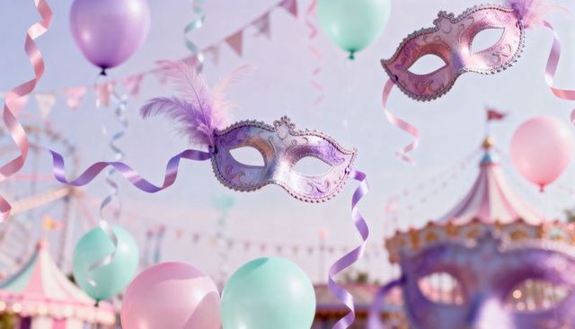 Floating pastel carnival masks with balloons and ribbons at fairground carousel