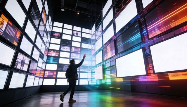 Reaching Visitor Exploring Interactive LED Wall in Futuristic Neon Data Gallery