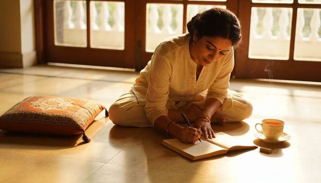 Sunlit journaling indian woman in kurta sitting cross-legged with notebook and tea