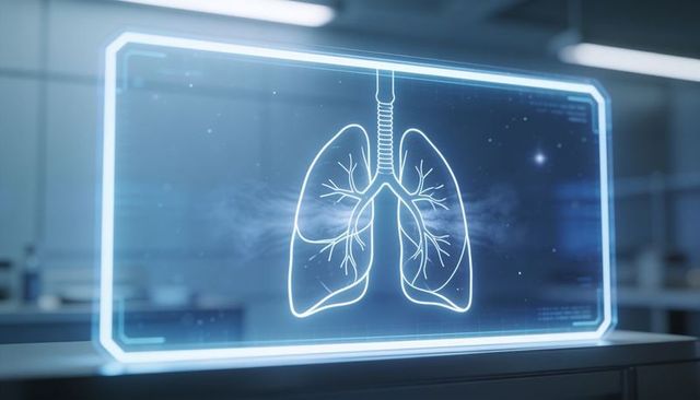 Holographic neon-blue lungs and trachea projecting over futuristic laboratory bench with mist