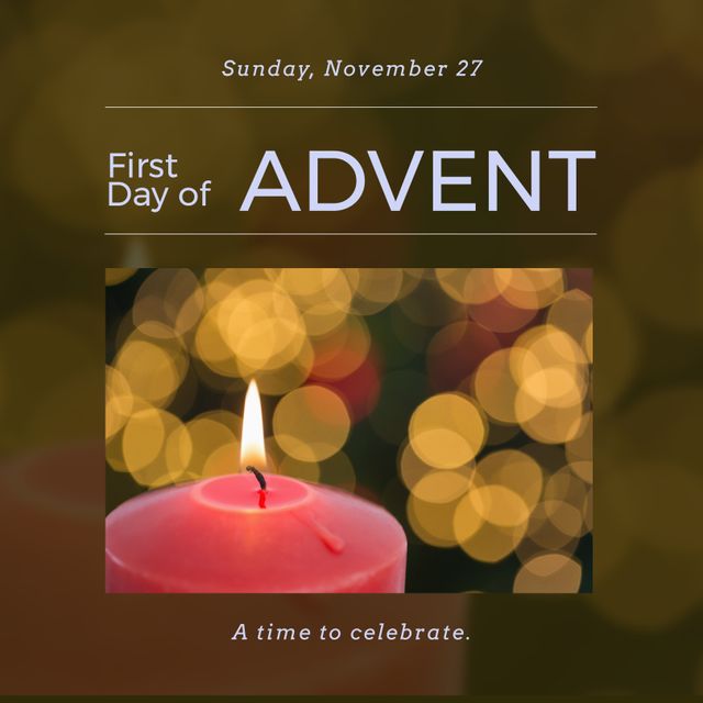 Composition of first day of advent text with candle and light spots on blurred background. Advent tradition and celebration concept digitally generated image.