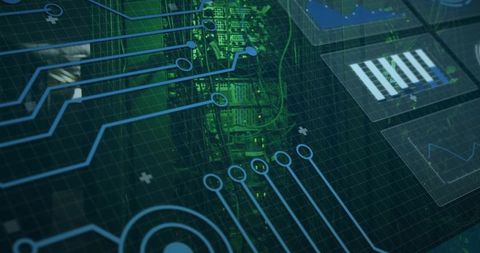 Displaying Circuit HUD Overlaying Green Server Rack with Interactive Data Visualization Dashboard