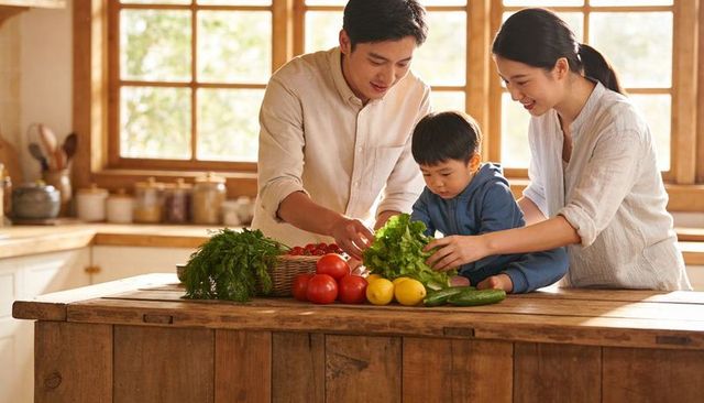 Family preparing fresh vegetables together on rustic wooden kitchen island in sunlit home