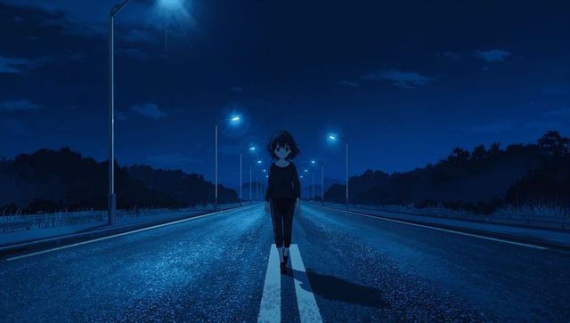 Solitary walk on deserted night road with mystic blue glow