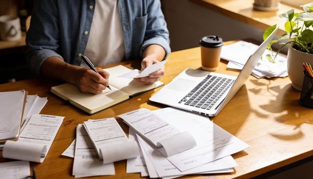Writing and sorting receipts on home office desk for budgeting, bookkeeping and taxes