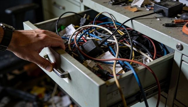 Hand pulling tangled cables from cluttered workshop drawer with power adapters