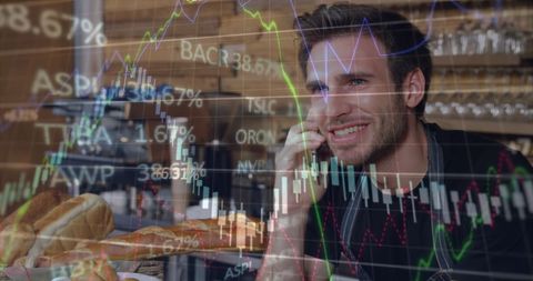 Waiter Talking on Smartphone with Stock Market Data Overlay