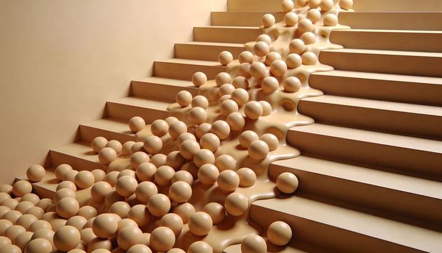 Matte beige spheres cascading down tiered stairs with glossy ribbon flow monochrome design