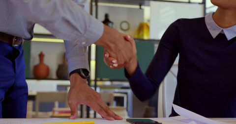 Business agreement handshake with diverse professionals