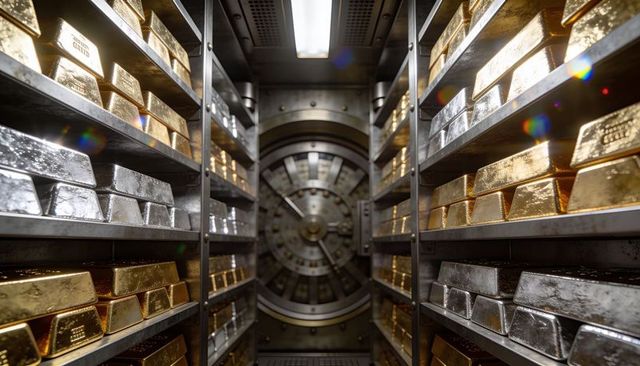Vault aisle showing stacked gold and silver bullion bars leading to circular vault door