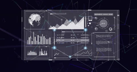 Digital Data Processing Animation with Graphs and World Map