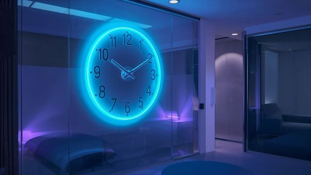 Neon blue clock with purple lighting in modern lounge