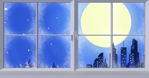 Sleigh Silhouette by Moonlit Cityscape through Frosty Window