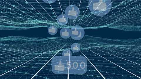 Social Media Data Flow with Like Icons Over Digital Grid