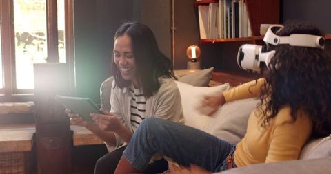 Friends Enjoying Virtual Reality Experience Home Leisure Inspired