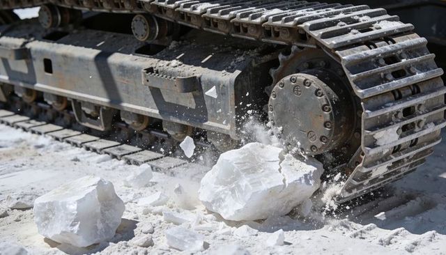 Heavy tracked excavator undercarriage crushing white limestone boulders, dust flying