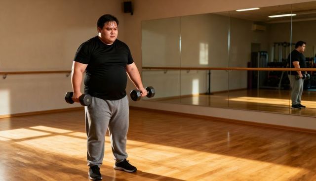 Asian man lifting dumbbells in sunlit studio wearing black tee and gray sweatpants