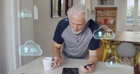 Senior Man Interacting with Cloud Data Notifications on Smartphone