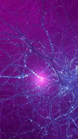 Neural network sending pulses along branching neurons in pink purple haze vertical video