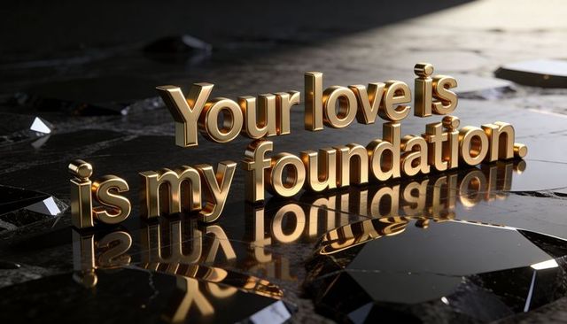 Golden 3d typography your love is my foundation reflecting on glossy black fractured tiles