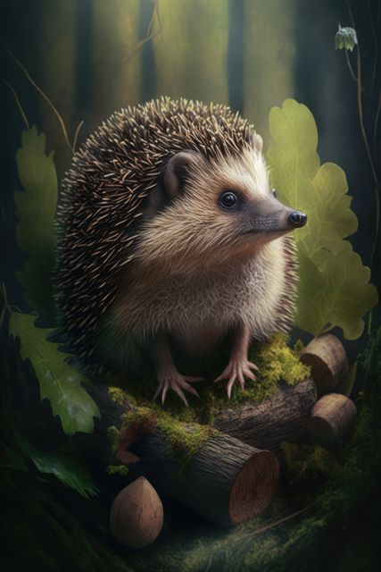 Adorable hedgehog with spines standing on a log surrounded by forest floor, leaves, and acorns. Perfect for nature-themed prints, children's books, wildlife presentations, and educational materials about animals and their habitats.