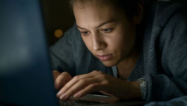 Late-night laptop focus woman typing with intense concentration wristwatch close-up