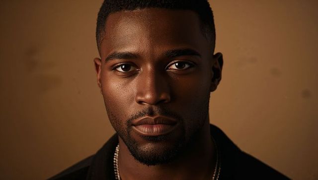 Intense african american male headshot with warm lighting and subtle jewelry