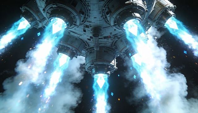 Underside plasma thruster cluster emitting cyan jets and orbital diamond energy shards