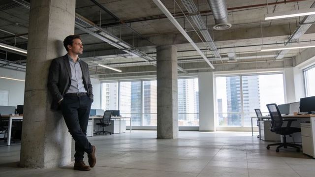 Contemplative businessman leaning on concrete column in modern open-plan highrise office