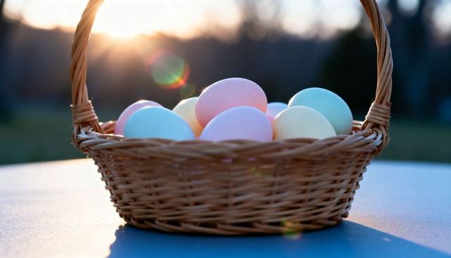 Pastel easter eggs nestled in wicker basket basking in sunset light