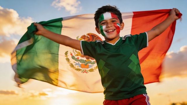 Smiling mexican boy waving flag at sunset celebrating soccer fandom and national pride