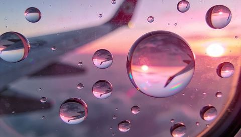 Iridescent water droplets refracting airplane wing and sunset, magenta sky through window