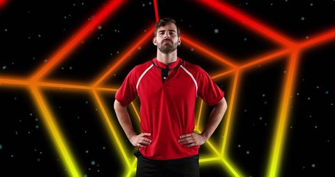 Confident American Football Player with Neon Geometric Backdrop