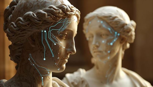 Classical marble statues merging with glowing cyan circuit traces and digital circuitry