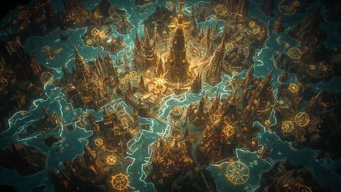 Futuristic Holographic Cityscape with Golden Spires and Floating Runes