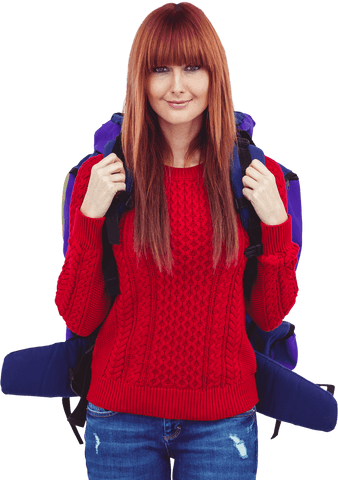 smiling traveler woman taking selfie in red sweater with backpack transparent - Download Free Stock Videos Pikwizard.com