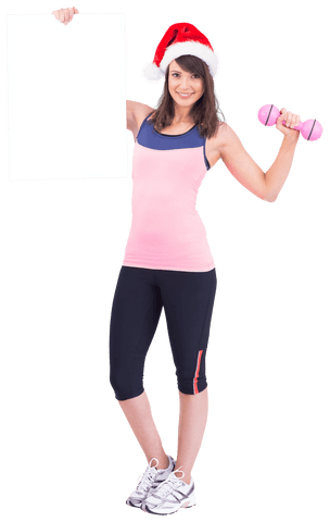 festive fit woman holding blank poster and dumbbell - Download Free Stock Videos Pikwizard.com