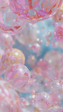 Panning through pastel marbled spheres and sparkling droplets vertical loop