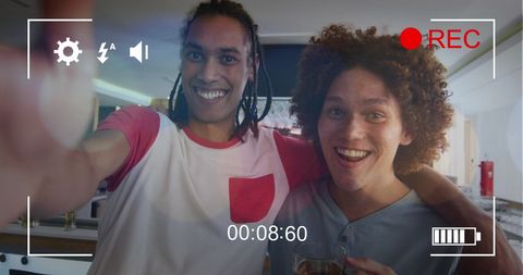 Diverse Friends Smiling with Drinks, Social Media Concept