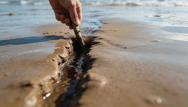 Adult hand carving narrow water channel in wet sand with stick at low tide beach closeup