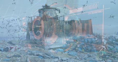 Bulldozer at Landfill with Futuristic Digital Overlay - Download Free Stock Images Pikwizard.com